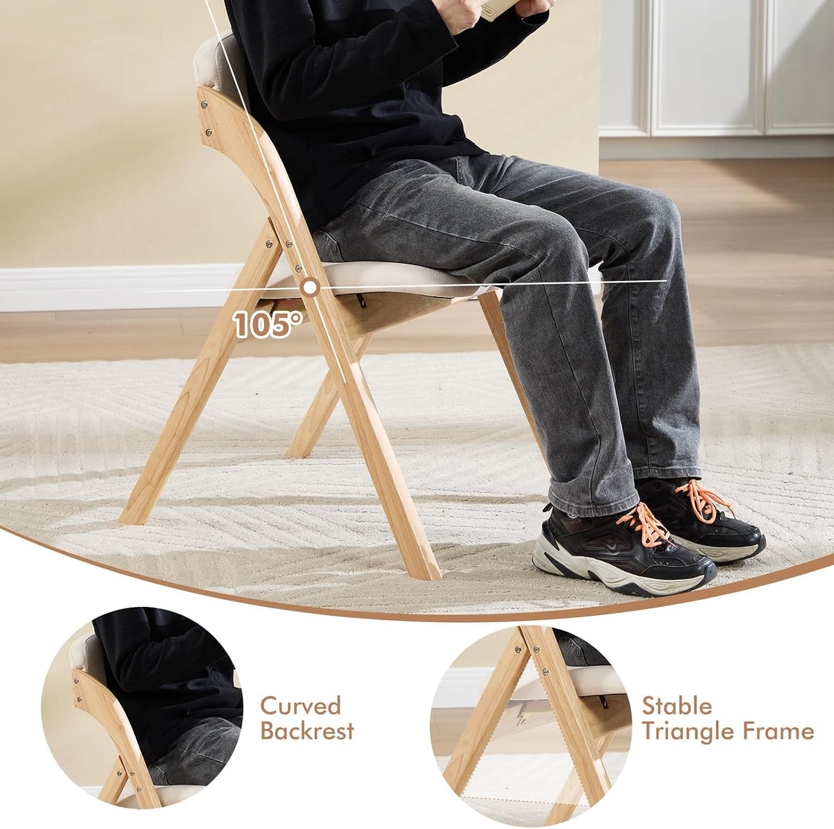 Folding Chairs with Cushion Set of 4,Linen Padded Foldable Dining Chairs, Raw Wooden Folding Dining Chairs, for Dining Rooms, Wedding Parties, Offices Indoor Outdoor Beige