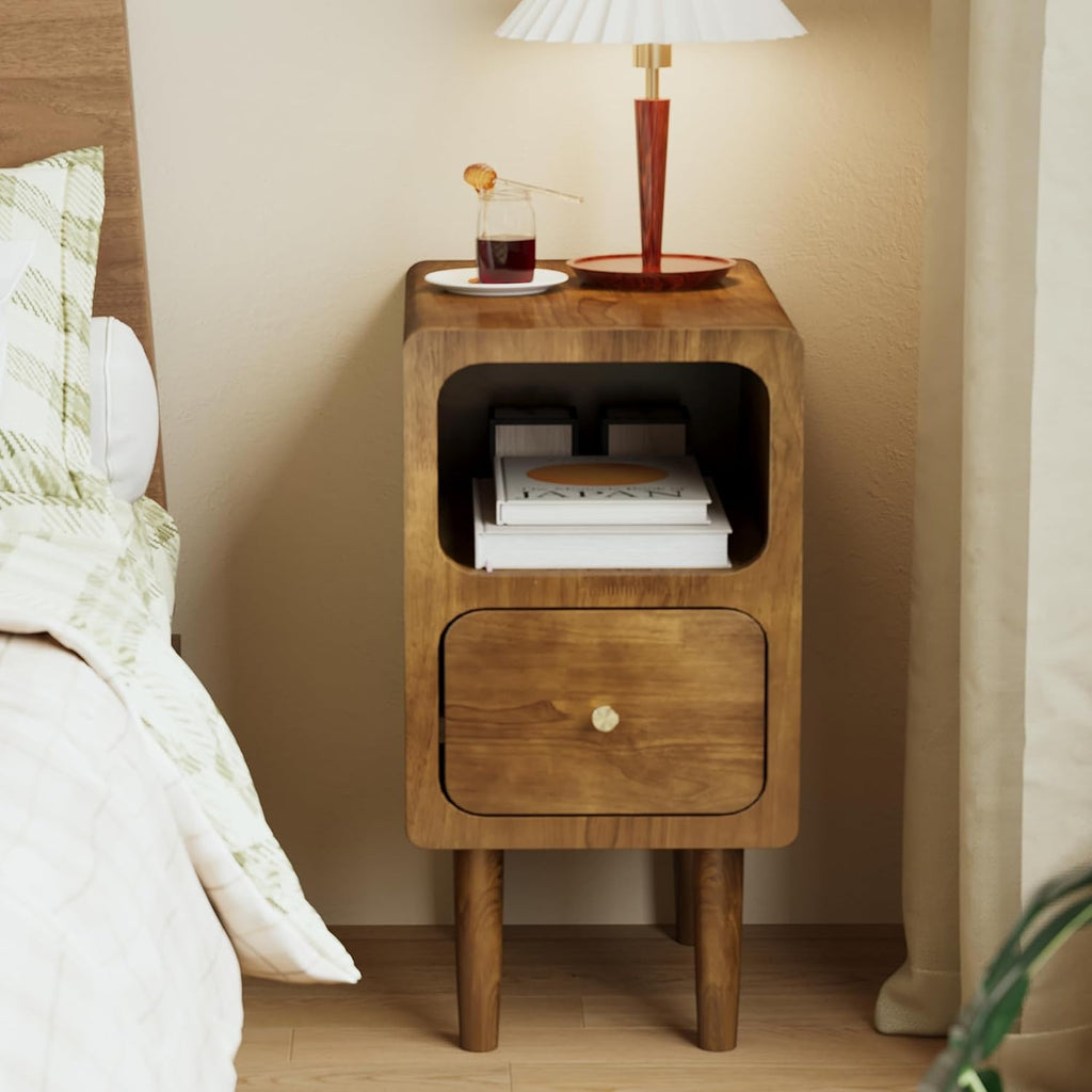 Narrow Nightstand, Solid Wood Night Stand with Drawers, Walnut Mid Century Modern Nightstand, Small Bedside Table with Open Storage Shelf for Bedroom (12 Inch)