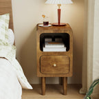 Narrow Nightstand, Solid Wood Night Stand with Drawers, Walnut Mid Century Modern Nightstand, Small Bedside Table with Open Storage Shelf for Bedroom (12 Inch)
