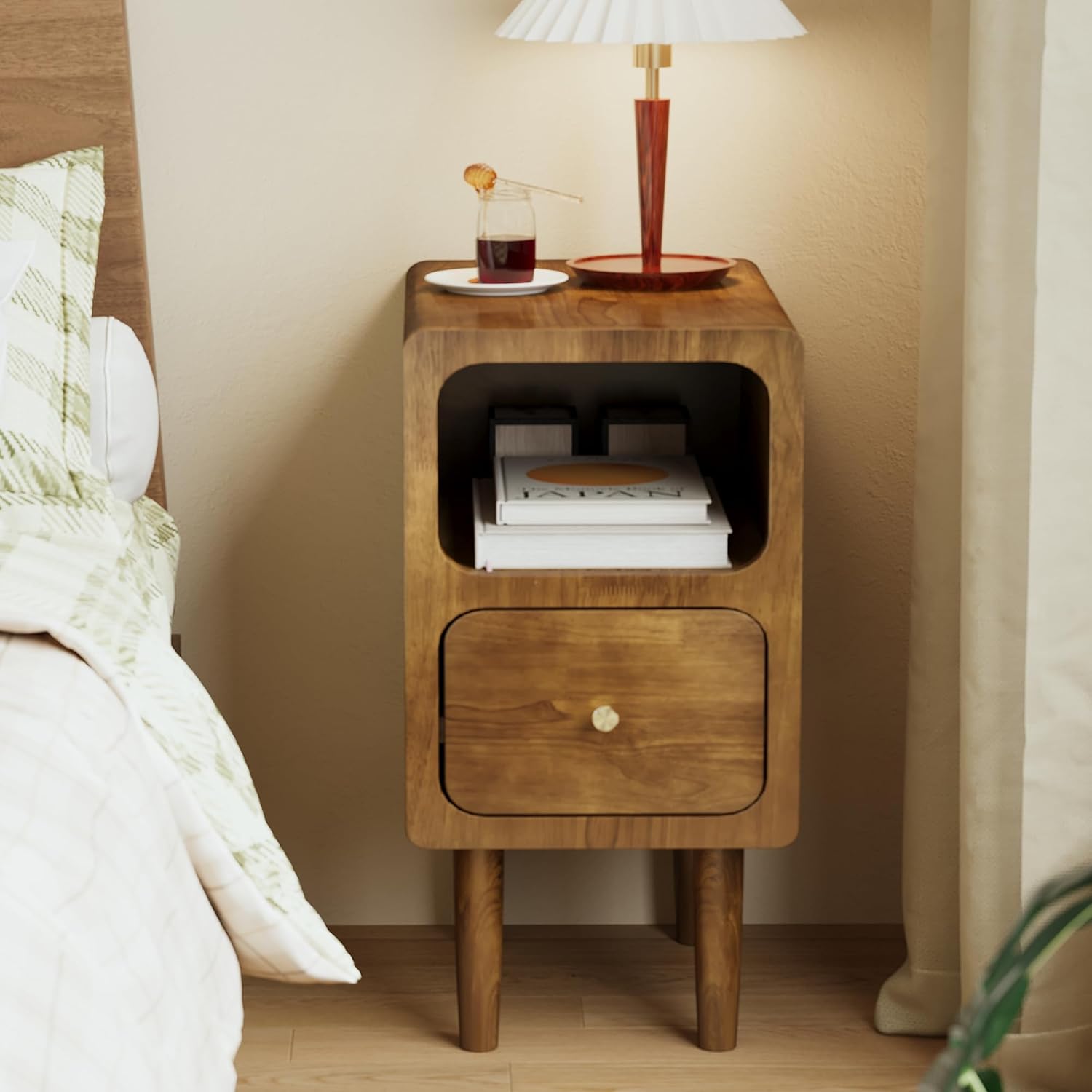 Narrow Nightstand, Solid Wood Night Stand with Drawers, Walnut Mid Century Modern Nightstand, Small Bedside Table with Open Storage Shelf for Bedroom (12 Inch)