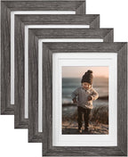 KINLINK 5x7 Picture Frame Ash Black, Solid Wood Frames with Acrylic Plexiglass for 3.5x5/4x6 with Mat or 5x7 without Mat, Tabletop and Wall Display Photo Frame, Set of 4