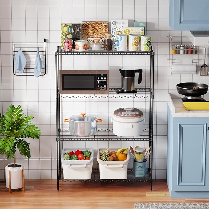 PayLessHere 4 Tier Shelving Unit 13.4" D×53.7" W×35" H Metal Shelving Standing Storage Shelf with 4 Steel Frame Adjustable Layer Racks Metal Commercial Shelf for Kitchen, Garage (Black)