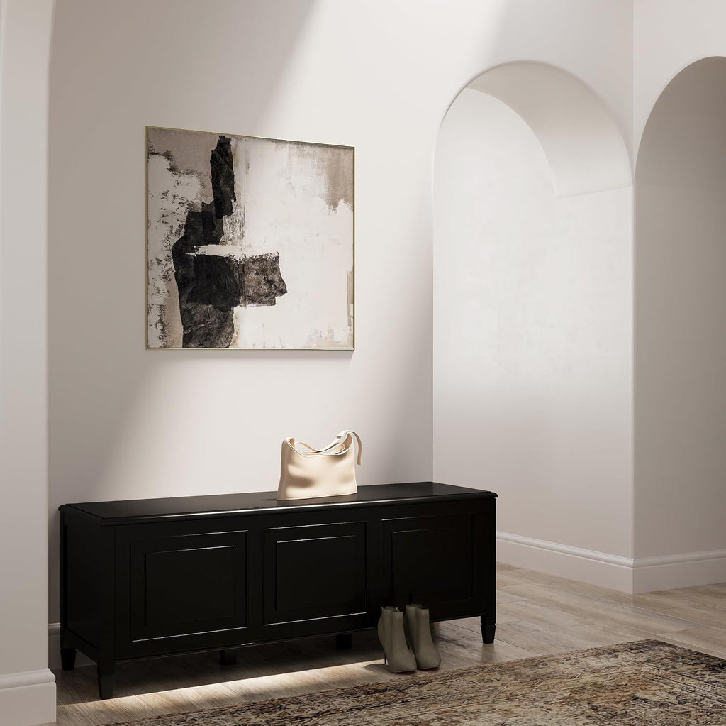 SIMPLIHOME Connaught 51" Wide Solid Wood Trunk Bench in Black | Traditional entryway bench with lift-up lid and 3 hidden compartments; mudroom, hallway, shoe or trunk bench.