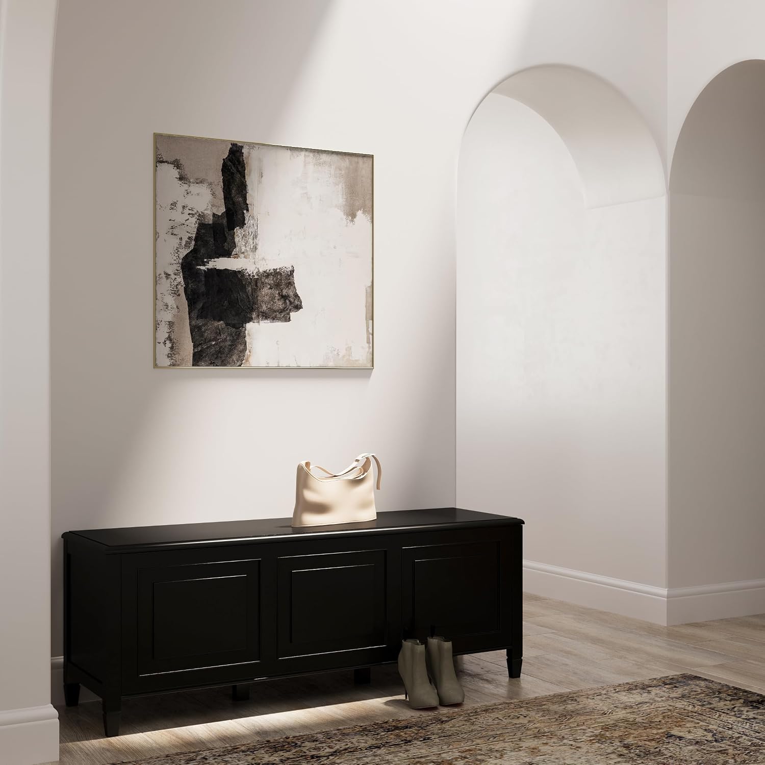 SIMPLIHOME Connaught 51" Wide Solid Wood Trunk Bench in Black | Traditional entryway bench with lift-up lid and 3 hidden compartments; mudroom, hallway, shoe or trunk bench.