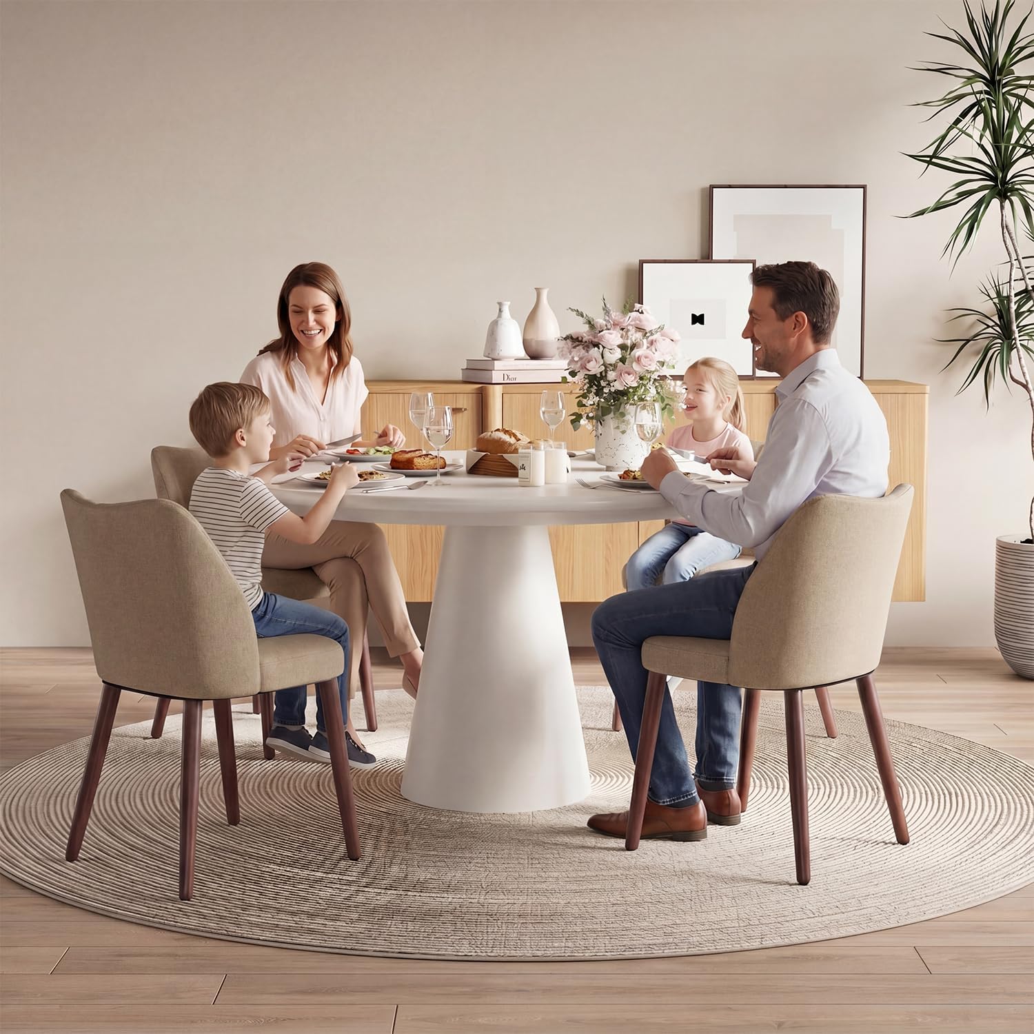 Upholstered Dining Chairs Set of 4, Farmhouse Fabric Kitchen Chairs with Solid Wood Legs, Modern Dining Room Chairs for Restaurant & Cafe, Camel