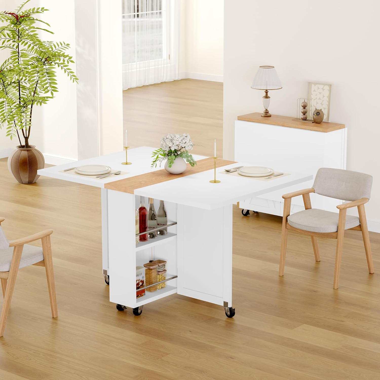 Folding Dining Table with 6 Wheels, Drop Leaf Tables for Small Spaces, Foldable Dining Table with 2-Layer Storage Rack, Kitchen Table with Drawer (White and Oak)