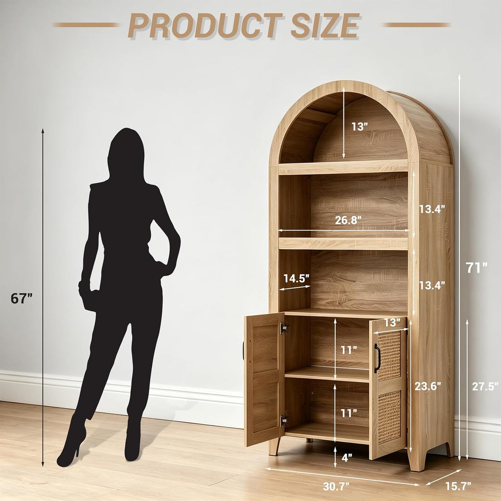 Arched Pantry Cabinet, 71" Kitchen Pantry Cabinet with Adjustable Shelf, Wood Storage Cabinets Anti-Tipping, Farmhouse for Living Room, Dining Room (Rattan Natural)