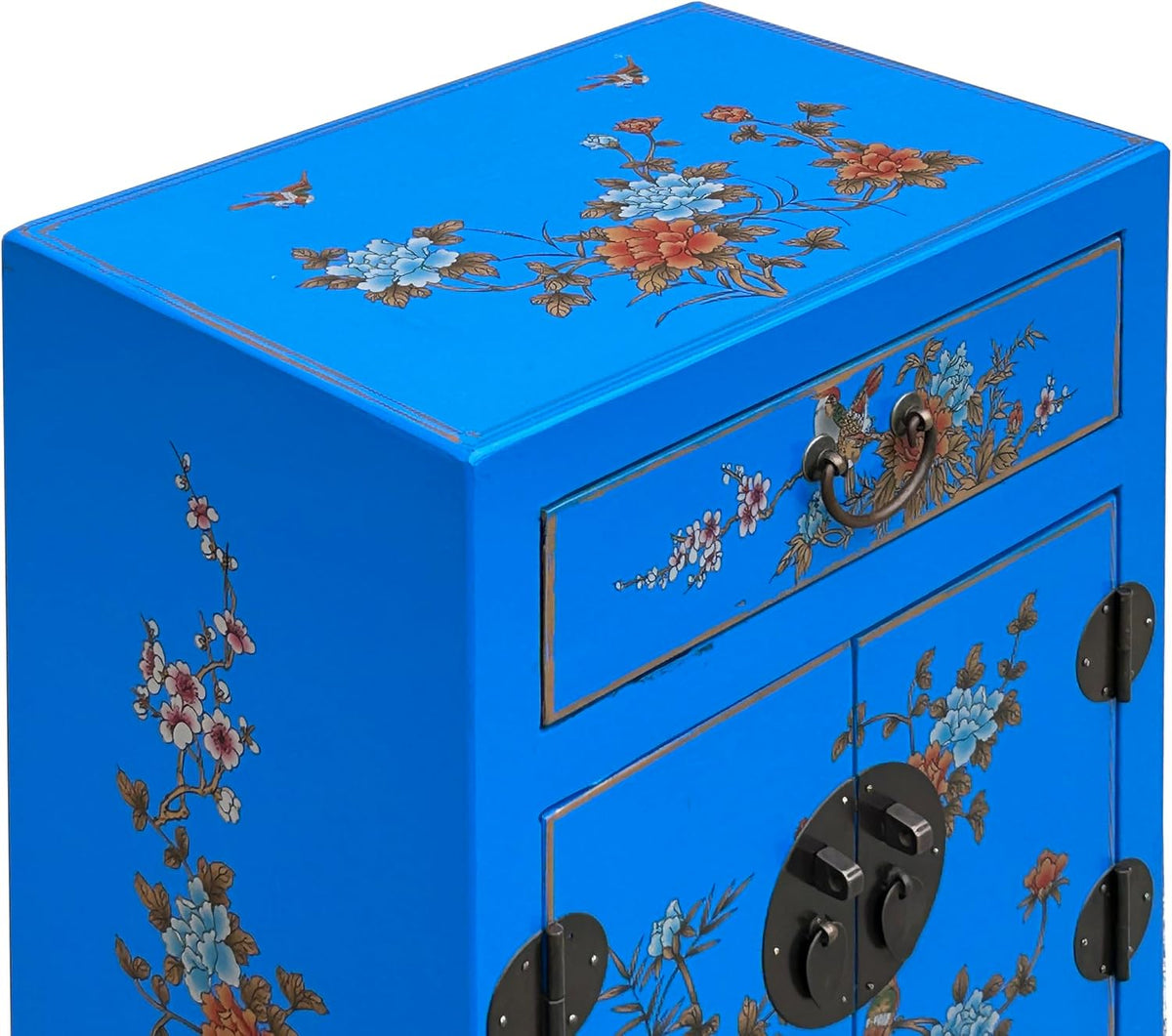 Chinese Bright Blue Vinyl Moon Face Flower Birds End Table Nightstand AGB064