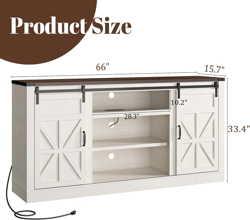 Hlivelood 66" Farmhouse TV Stand for 75 Inch TV, 33" Tall Entertainment Center with Power Outlets & Sliding Barn Door, Wood TV Stand with Storage, TV Media Console for Living Room, Antique White