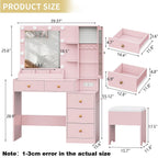 Vanity Desk with Mirror and Lights, Makeup Vanity Table Set with 5 Storage Drawers, Power Outlet & Chair, Small Dressing Table with RGB Ambient Light, Adjustable Brightness for Girls Bedroom, Pink