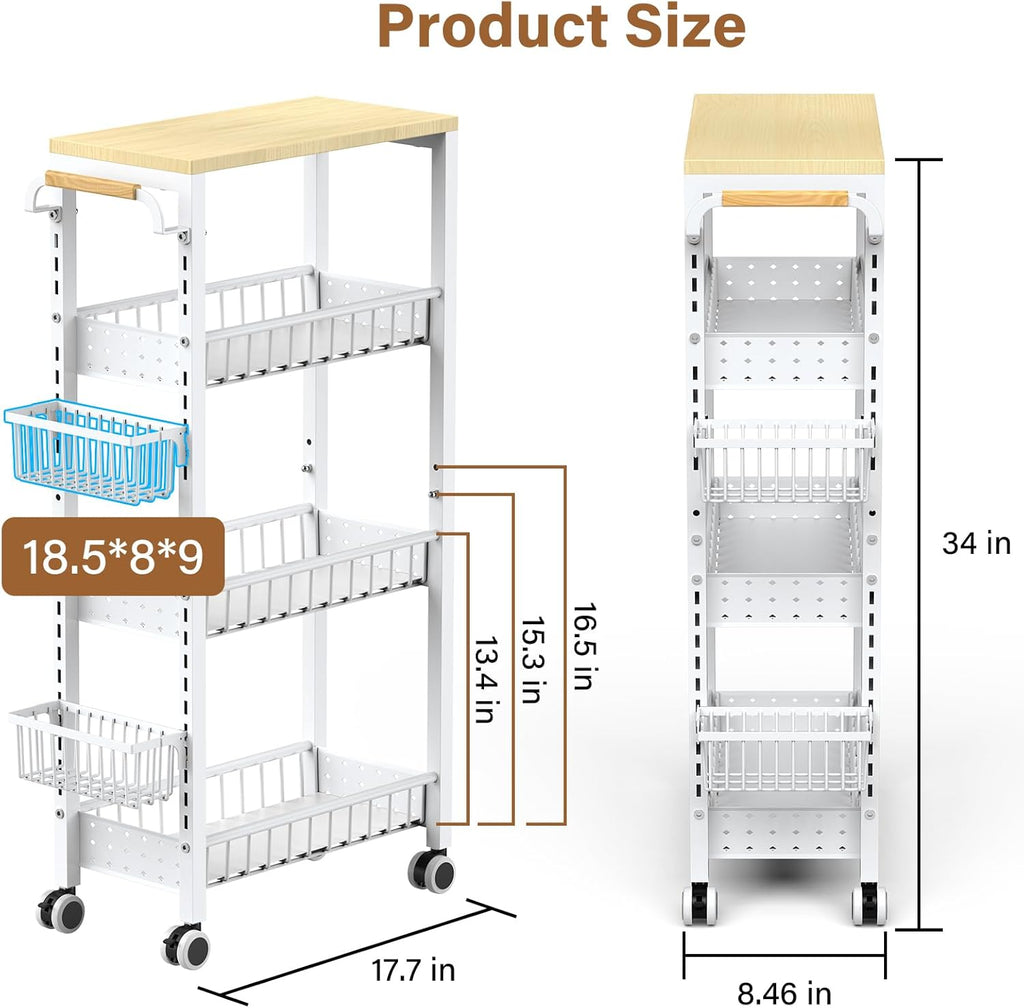 7.8 Inch Ultra-Slim 4-Tier Rolling Storage Cart with Adjustable Shelves - Lockable Wheels & Wooden Top for Narrow Spaces Between Washer/Dryer, Bathroom, Kitchen Organization (White)