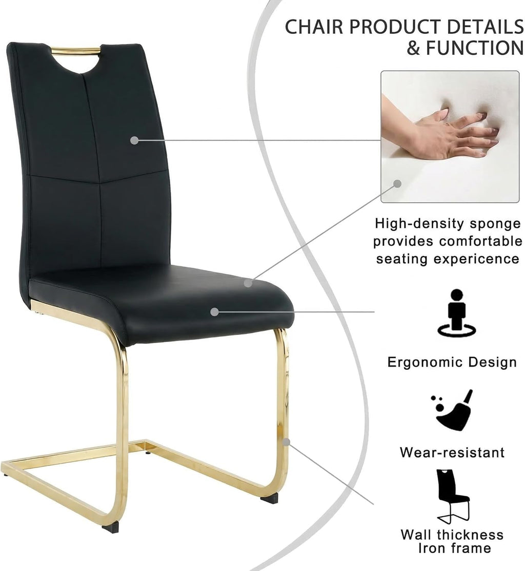 FT Global Modern PU Leather Dining Chair Set of 6, Upholstered Black Chairs with Gold Metal Legs, Kitchen and Dining Room Furniture