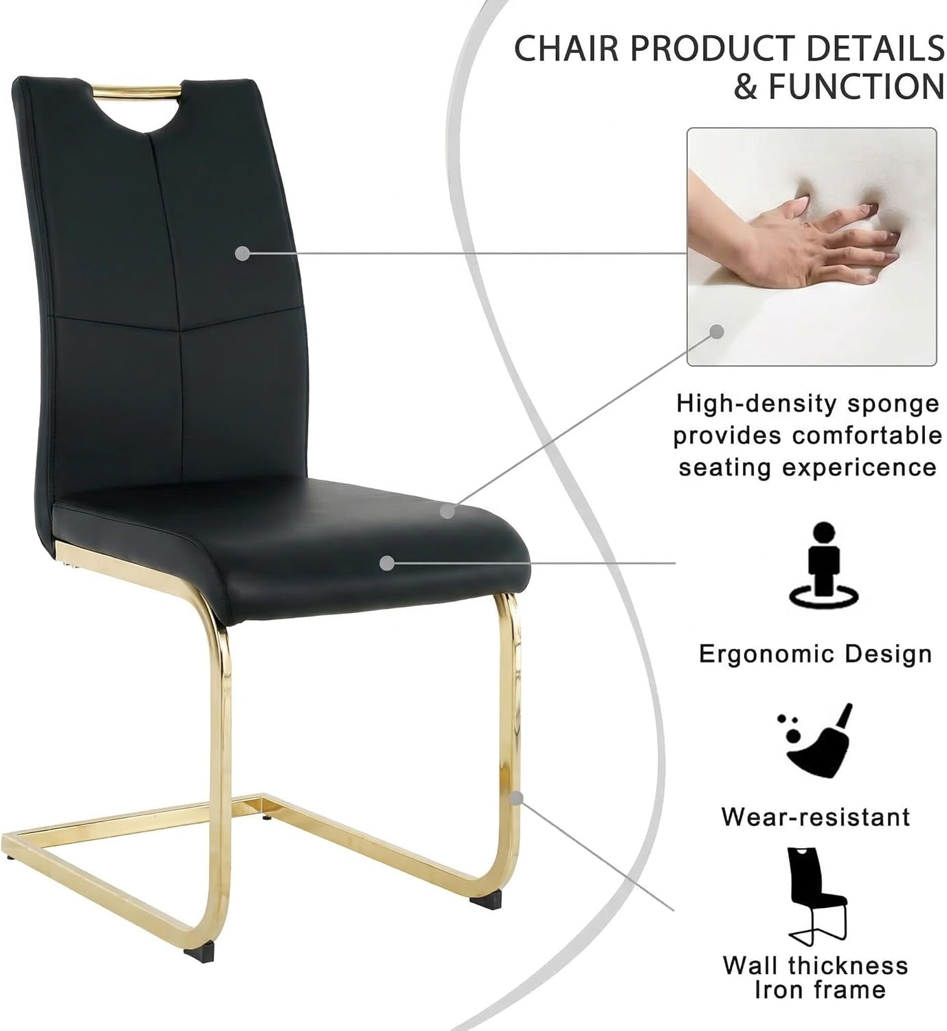 FT Global Modern PU Leather Dining Chair Set of 6, Upholstered Black Chairs with Gold Metal Legs, Kitchen and Dining Room Furniture