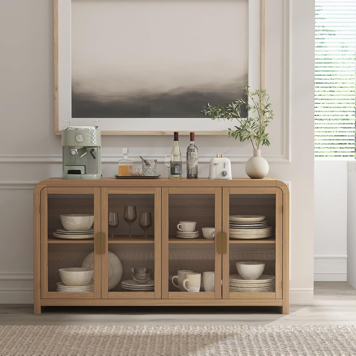 Oak&Sparrow Oak Sideboard Buffet Cabinet with Storage, 60'' Boho Buffets & Sideboards with Adjustable Shelves, Sideboard Cabinet with 4 Glass Doors for Living Room, Hallway & Kitchen