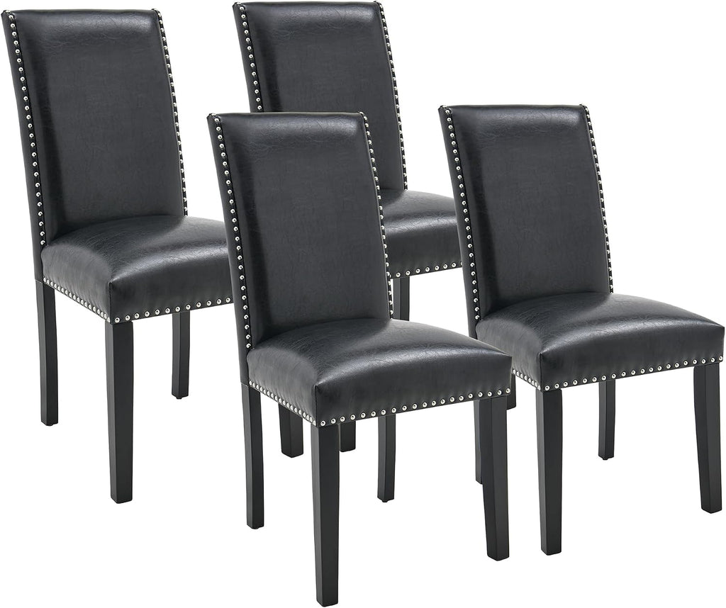 LEEMTORIG Set of 4 Upholstered Parsons Dining Chairs, Faux Leather Dining Room Kitchen Side Chair with Nail-Head Trim for Living Room Bedroom Outdoor Lounge Guest Cafe, Midnight Black CY-1122-BK02