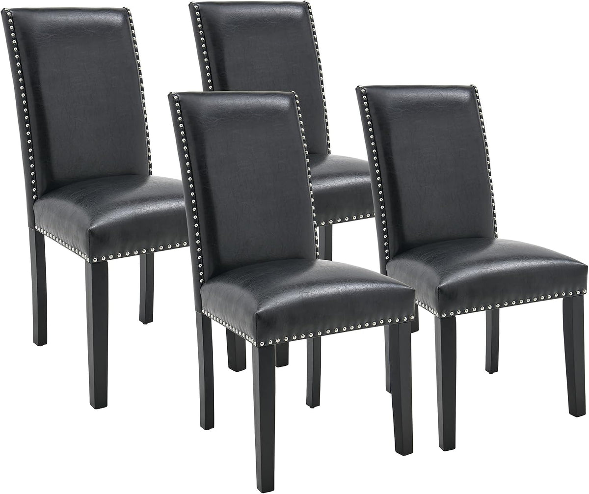 LEEMTORIG Set of 4 Upholstered Parsons Dining Chairs, Faux Leather Dining Room Kitchen Side Chair with Nail-Head Trim for Living Room Bedroom Outdoor Lounge Guest Cafe, Midnight Black CY-1122-BK02