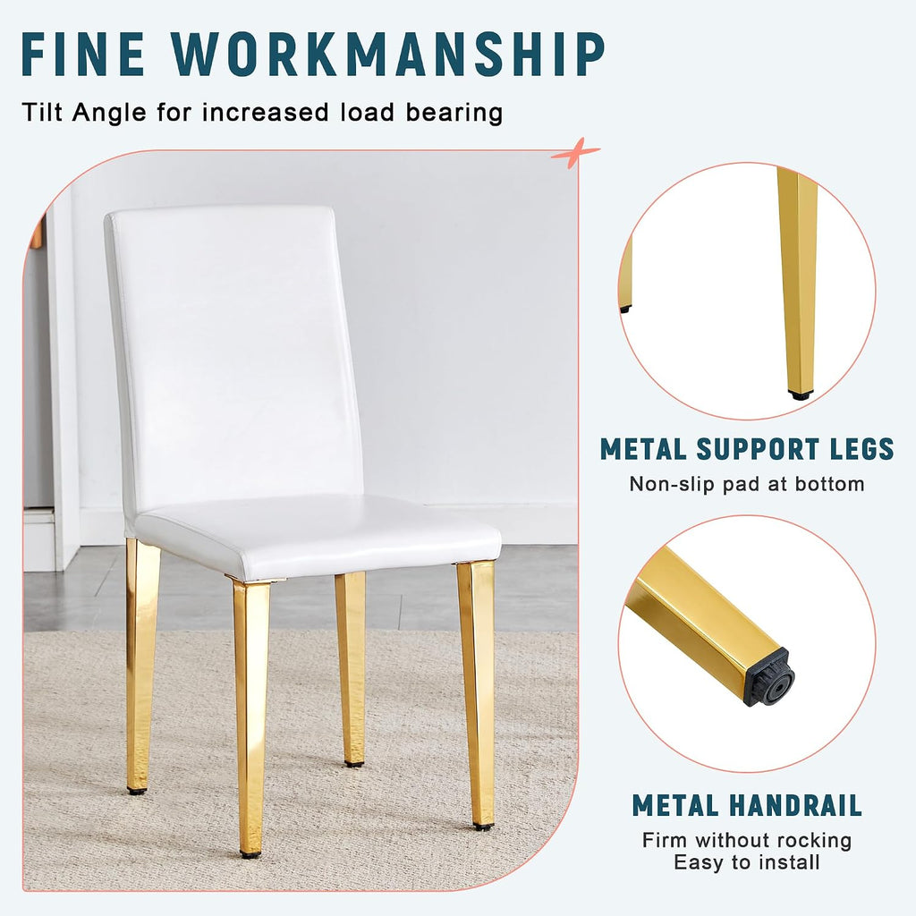 55" White Dining Table Set for 4, Modern Dining Table Set for 4, White Glossy Table with White Faux Leather Chairs, Gold Metal Frame Breakfast Table Set for 4 Ideal for Dining Room,Small Space
