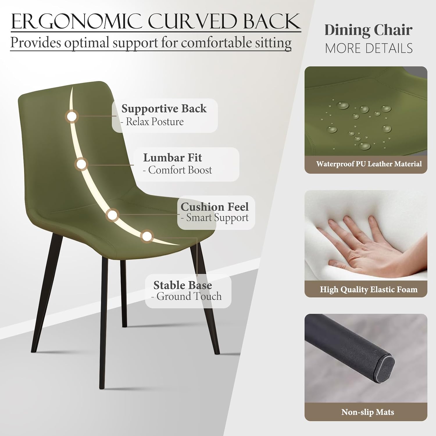 Modern Dining Chairs Set of 4, PU Leather Upholstered Dinner Chairs with Sturdy Metal Legs and Comfort Backrest, Armless Accent Side Chairs for Home Kitchen, Living Room (Green)