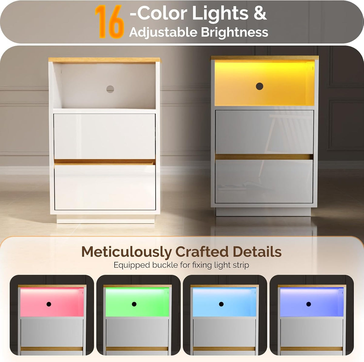 VINGLI White Nightstand with Charging Station, High Gloss Led Night Stand with Drawers, End Table, Bedside Table, Smart Nightstand Modern, Small Night Stand for Bedroom, 15.63" W*11.61" D*23.62" H