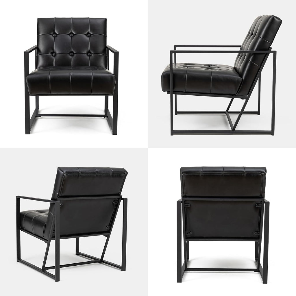 Glitzhome Mid Century Modern Accent Chair, Comfy Living Room Chair with Durable Metal Frame,PU Leather Cushioned, Reading Armchairs for Living Room, Bedroom, Home Office, Black