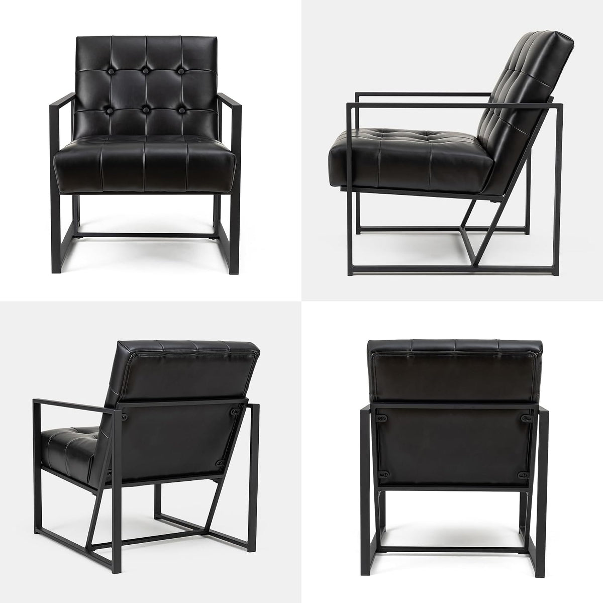 Glitzhome Mid Century Modern Accent Chair, Comfy Living Room Chair with Durable Metal Frame,PU Leather Cushioned, Reading Armchairs for Living Room, Bedroom, Home Office, Black