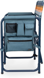 Picnic TIME Sports Chair with Side Table and Armrest Caddy, Lightweight Aluminum Folding Outdoor Camping Chair for Adults, Portable Director Style Lawn Seating, (Marine Stripe with Navy Blue Frame)