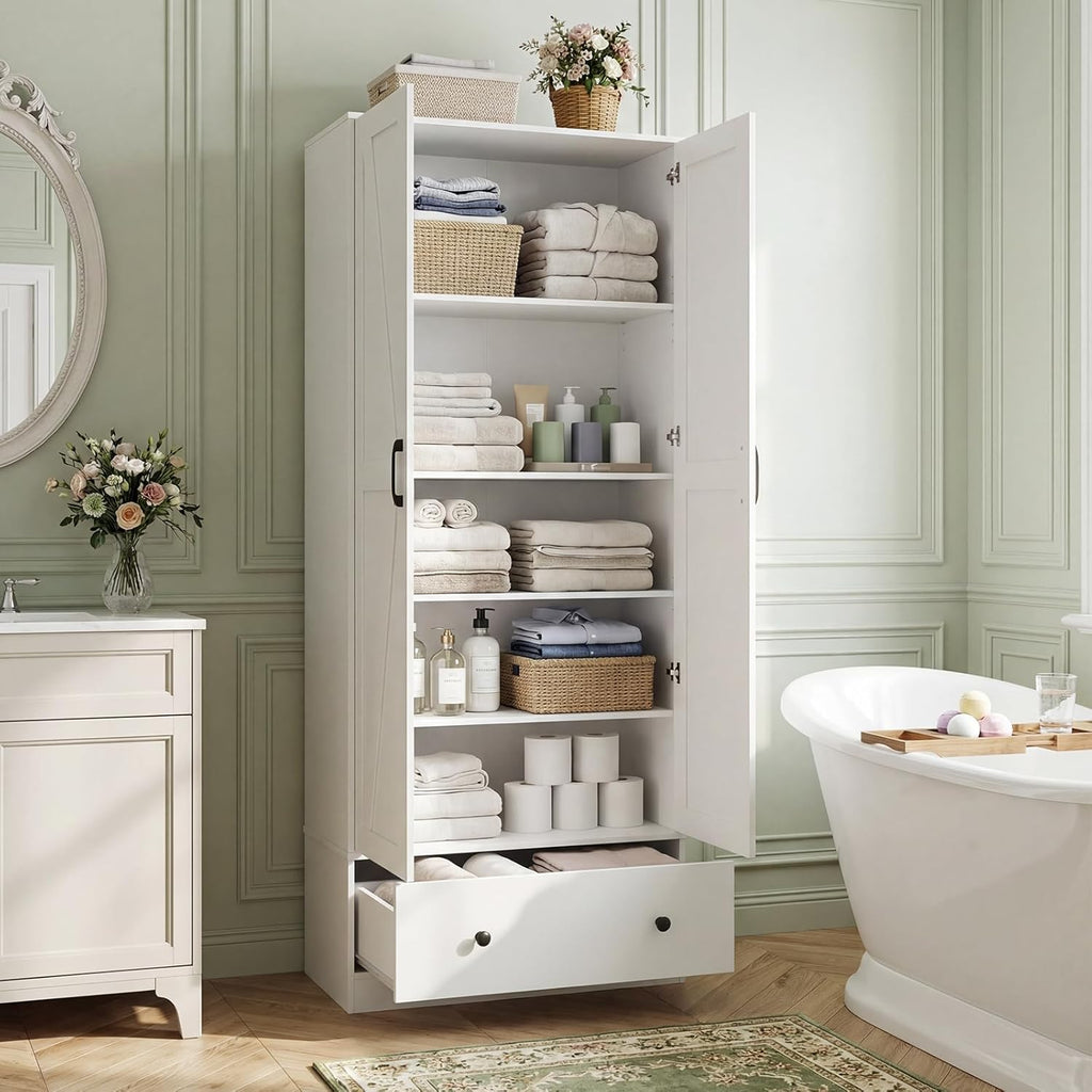Giantex 72" Tall Kitchen Pantry Cabinet, Farmhouse Wooden Cupboard w/ 2 Doors, Drawer & Adjustable Shelves, Freestanding Versatile Storage Cabinet for Dining Room Living Room Bathroom (White)