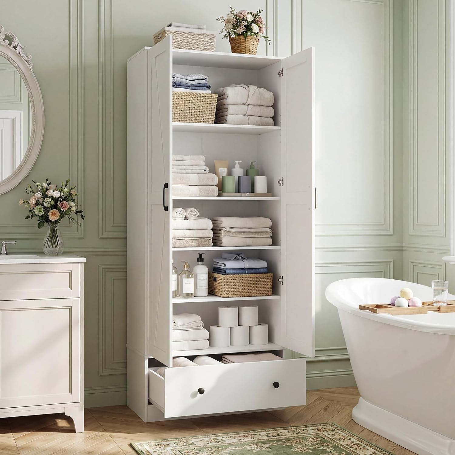 Giantex 72" Tall Kitchen Pantry Cabinet, Farmhouse Wooden Cupboard w/ 2 Doors, Drawer & Adjustable Shelves, Freestanding Versatile Storage Cabinet for Dining Room Living Room Bathroom (White)