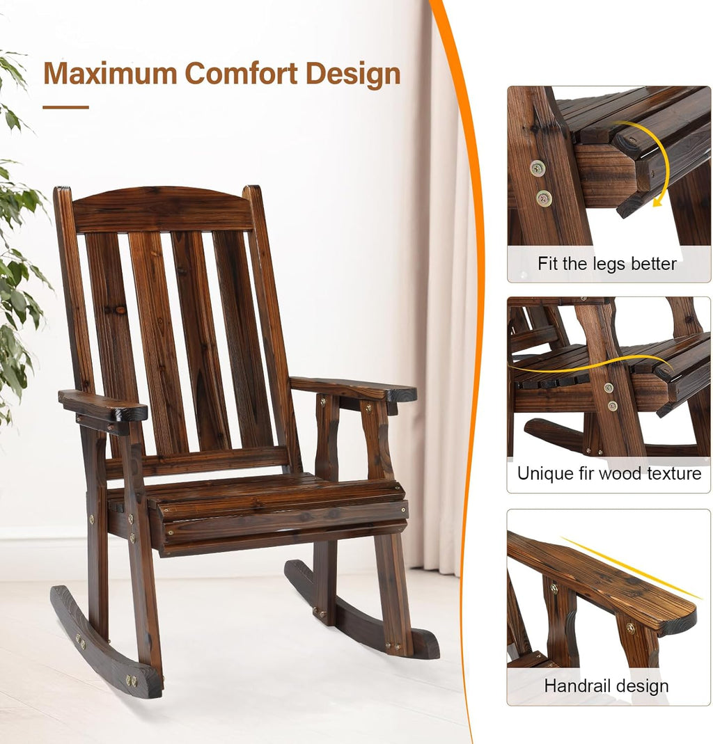 VINGLI Outdoor Rocking Chair, Heavy Duty 600 LBS Wooden Rocking Bench with Comfortable Backrest, Weatherproof Patio Rocker with Ergonomic Design, Wood Rocking Chair for Patio, Garden (Rustic, 2 PCS)
