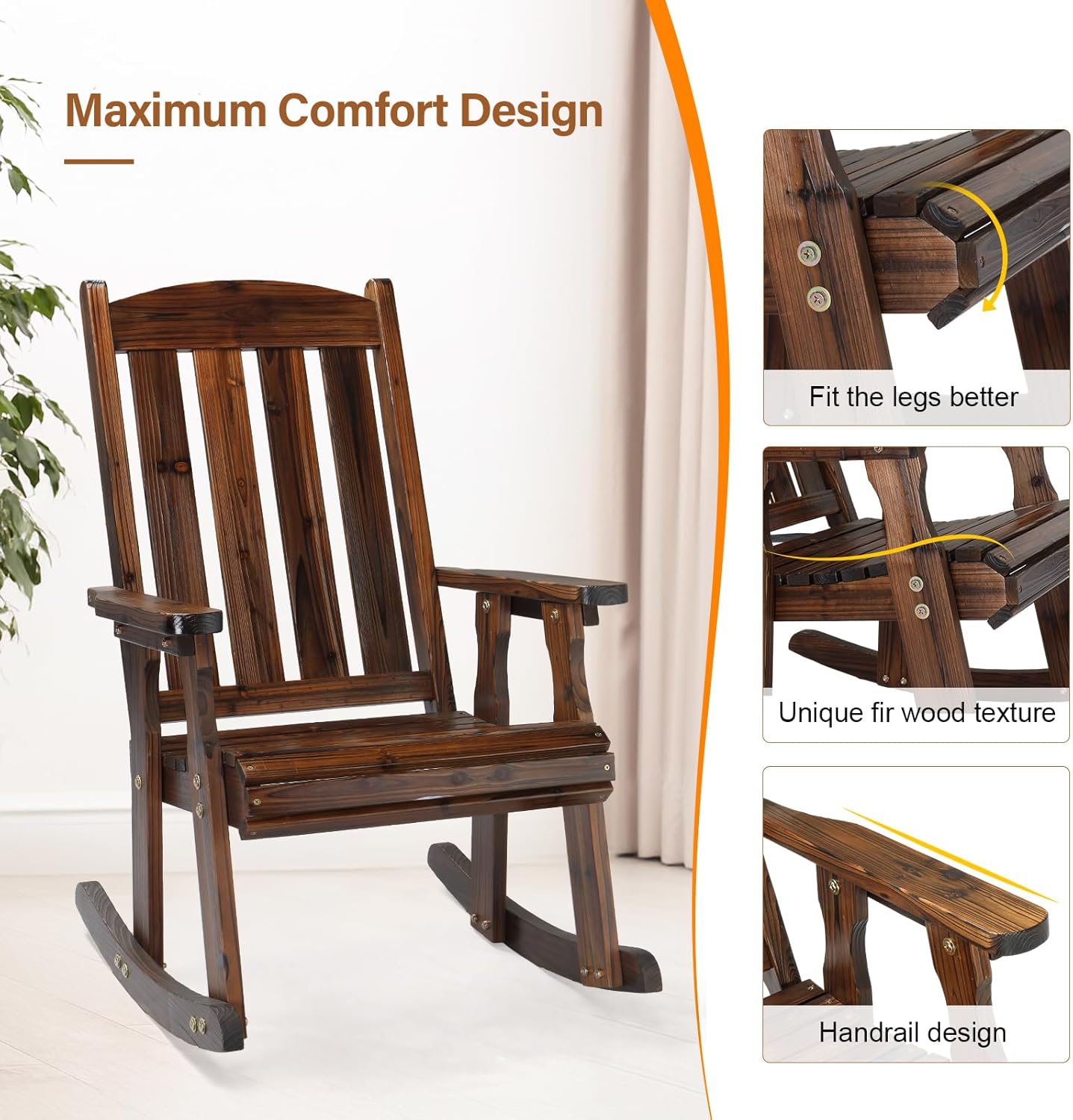 VINGLI Outdoor Rocking Chair, Heavy Duty 600 LBS Wooden Rocking Bench with Comfortable Backrest, Weatherproof Patio Rocker with Ergonomic Design, Wood Rocking Chair for Patio, Garden (Rustic, 2 PCS)