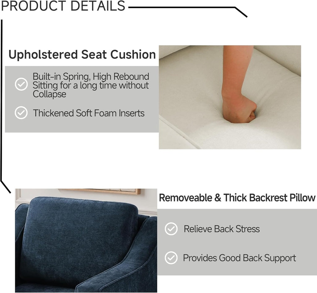 Swivel Accent Chairs Set of 2, Chenille Upholstered Armchair for Living Room, Modern Armrest Chair Comfy Single Sofa Bedroom Reading Seat with Lumbar Pillow - Navy