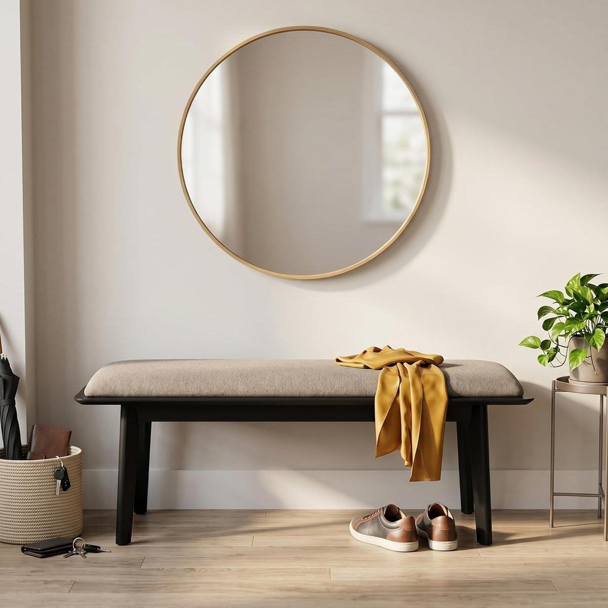 Kmax Entryway Bench, 46" Dining Bench with Wood Leg Rustic Upholstered Window Bench for Entrance Dining Room Living Room - Chenille Grey, Black Legs