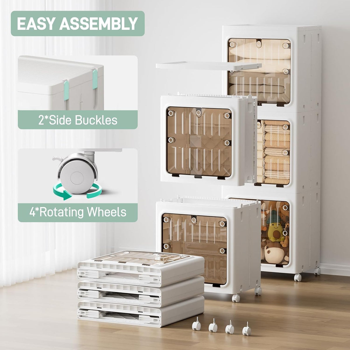 JEKO&JEKO 315 Qt Expanded Bathroom Storage Cabinet, 3-Tier Tall Cabinet Organizer with Wheels, Foldable Plastic Storage Bin for Kitchen, Laundry Room or Home, White