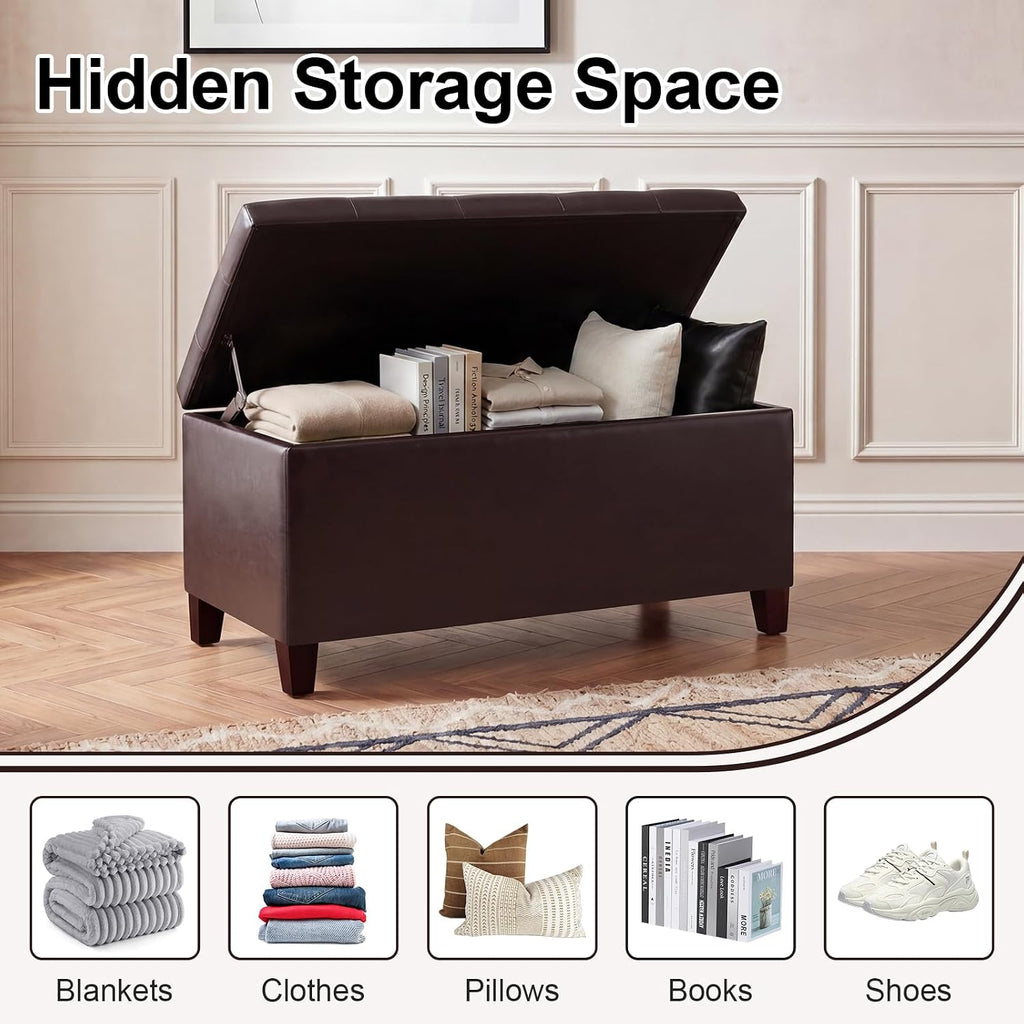 Asense Storage Ottoman Bench, 33" Faux Leather Upholstered End of Bed Bench with Safety Hinge,Wooden Legs,for Entryway Bedroom Living Room,Chocolate Brown