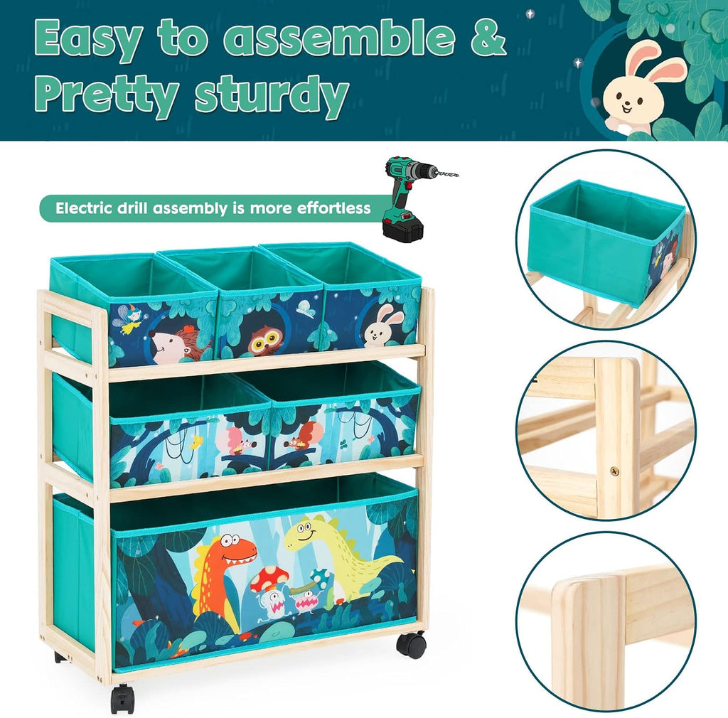 Jomifin Toy Storage Cart with Wheels, 6 Bins Organizer for Kids | Sturdy pine wood frame with 360° rolling wheels & brakes. 6 removable foldable fabric bins. Compact design saves space