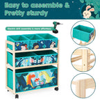 Jomifin Toy Storage Cart with Wheels, 6 Bins Organizer for Kids | Sturdy pine wood frame with 360° rolling wheels & brakes. 6 removable foldable fabric bins. Compact design saves space