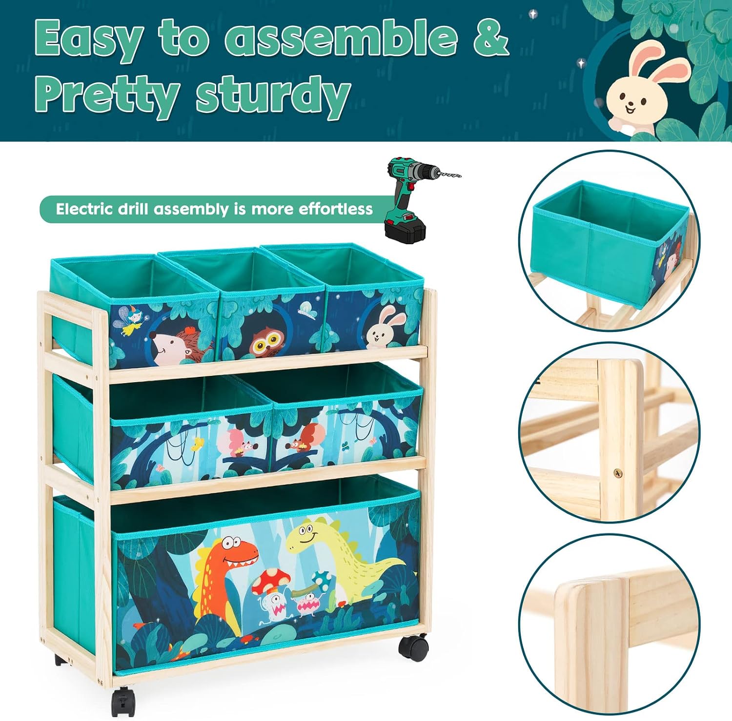 Jomifin Toy Storage Cart with Wheels, 6 Bins Organizer for Kids | Sturdy pine wood frame with 360° rolling wheels & brakes. 6 removable foldable fabric bins. Compact design saves space