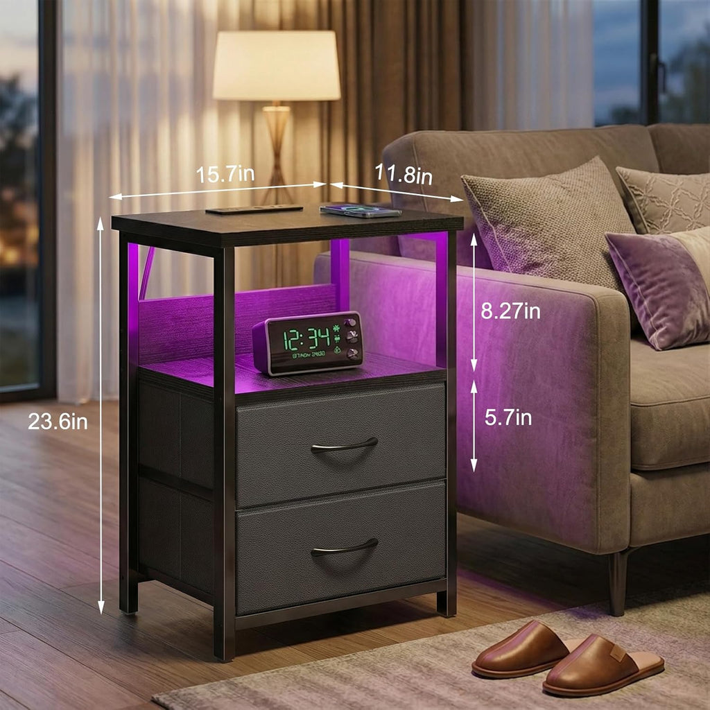 Fixwal Night Stand with Charging Station (2 AC Outlets & 2 U-S-B Ports) LED Nightstand Small Dorm Room Furniture, 2 Fabric Storage Drawers, Bedside Table End Tables Bedroom, Modern Black