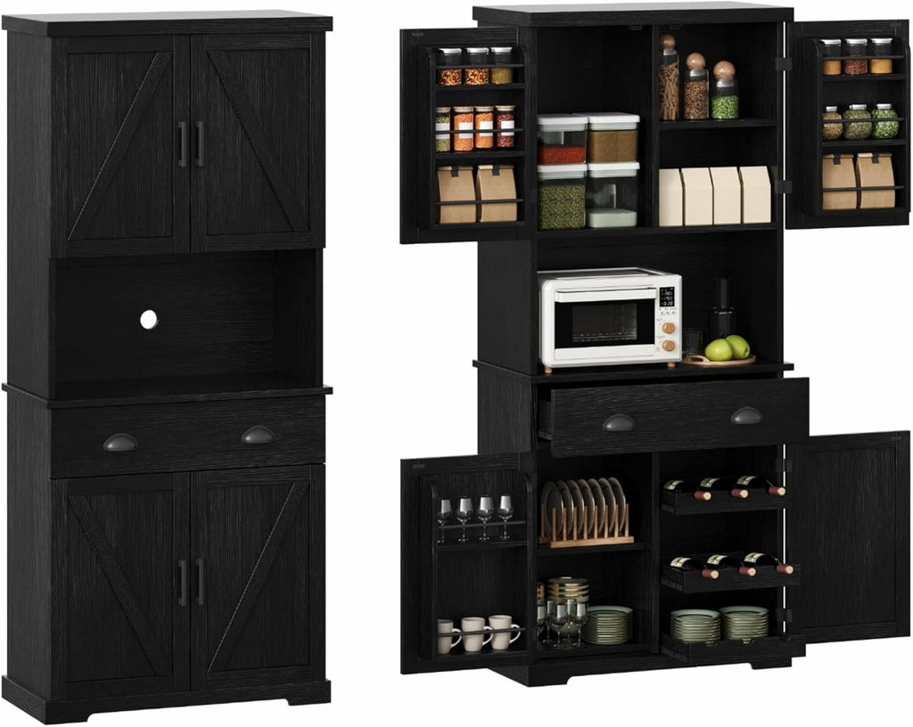 ChooChoo 72" Pantry Cabinet with Storage Drawers, Farmhouse Kitchen Hutch Bar Cabinet with Microwave Stand, Kitchen Cupboard with Door Shelves for Dining Room, Living Room, Black
