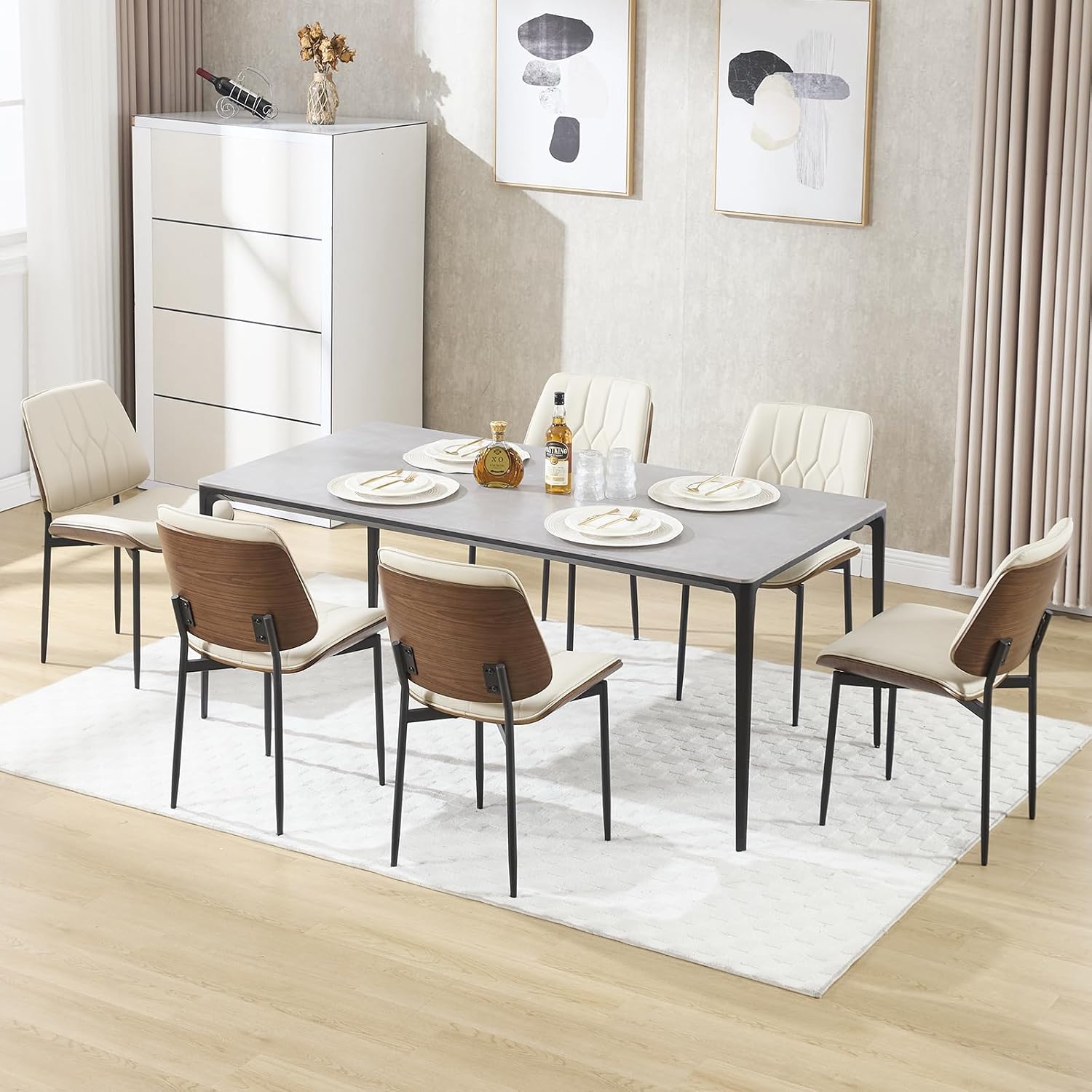 BV Mid Century Dining Chairs Set of 6, PU Leather Bentwood, Beige | Upholstered PU leather seat with walnut bentwood back, armless, retro mid-century style for kitchen, dining & living room