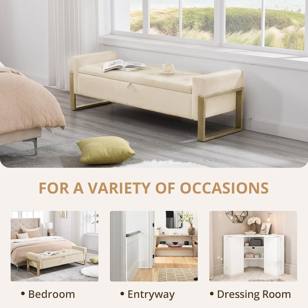 End of Bed Storage Bench, 67'' Bench for Bedroom Foot of Bed King Size, Modern Velvet Storage Ottoman Benches with Gold Legs for Windows Living Room, Beige