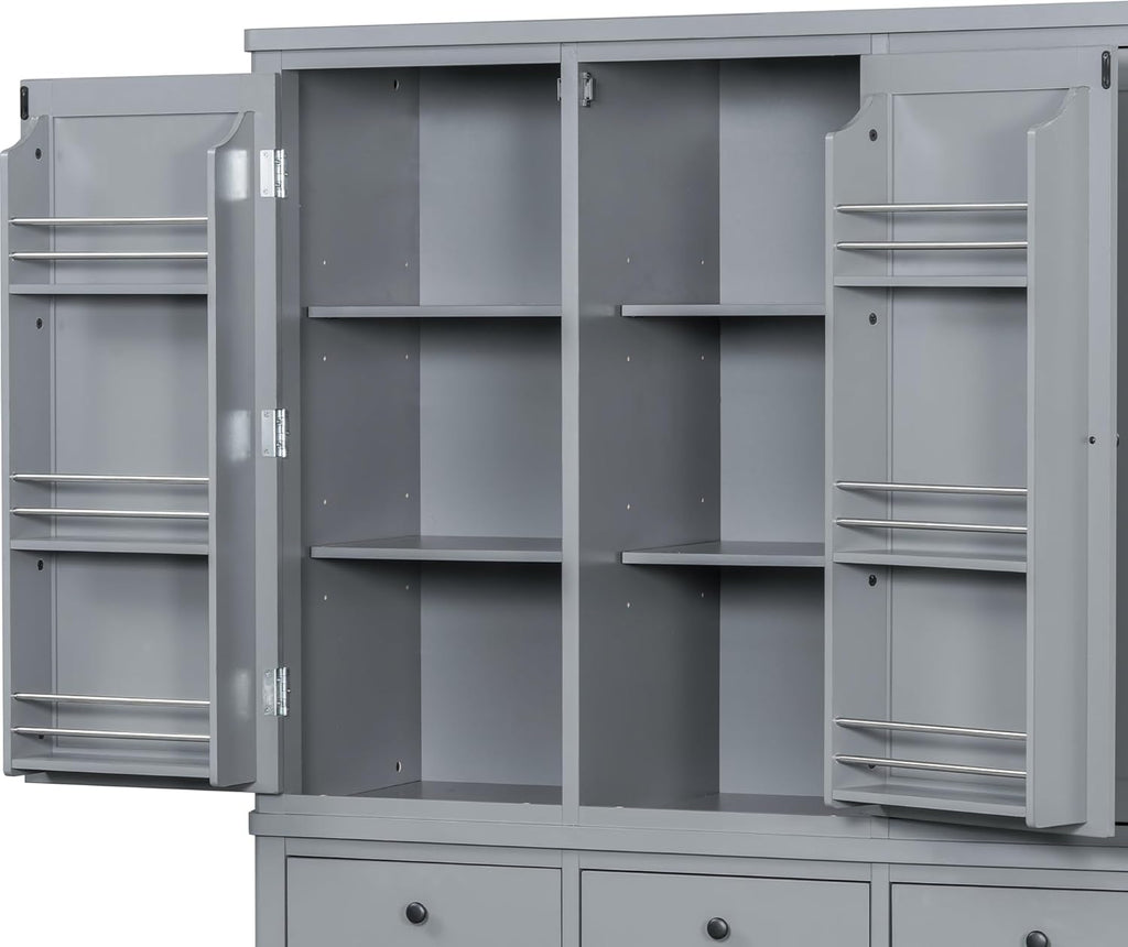 Merax 74.8'' Tall Kitchen Pantry Storage Cabinet with 6 Doors, 3 Drawers and Adjustable Shelves, Freestanding Large Cupboard & Pull-Out Trays for Kitchen, Dining Room, Living Room, Gray