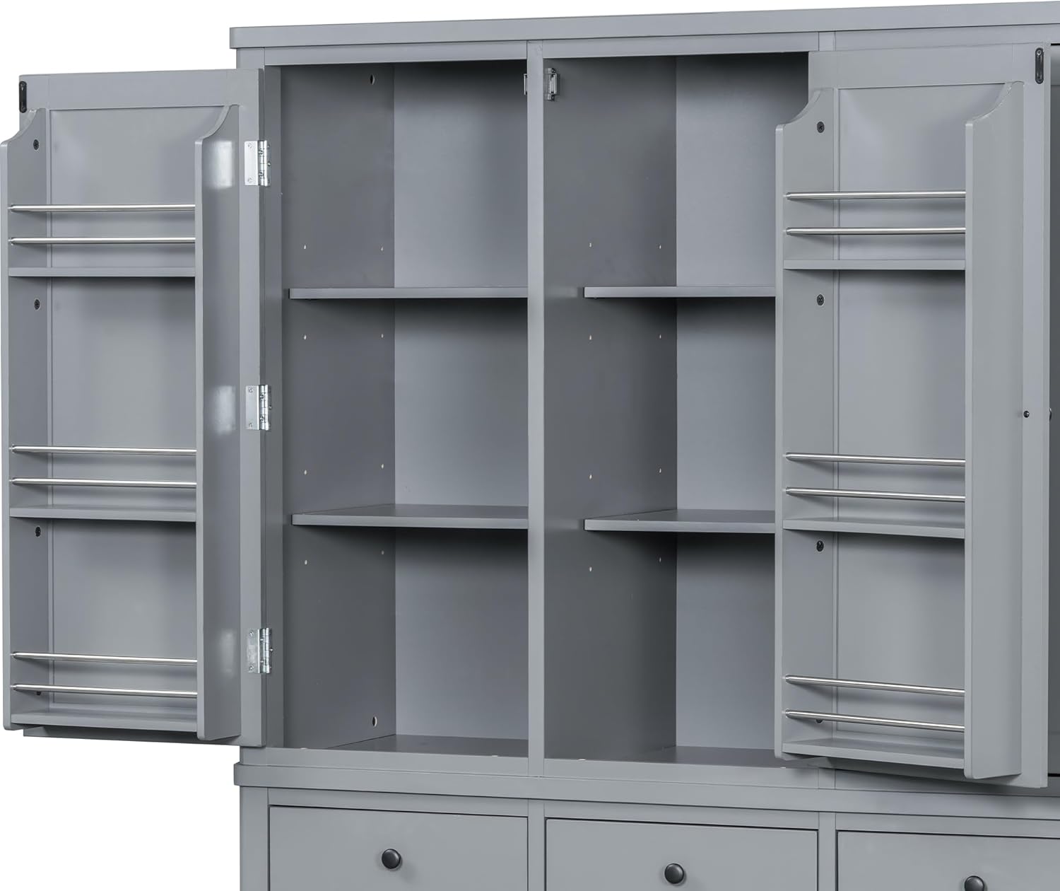 Merax 74.8'' Tall Kitchen Pantry Storage Cabinet with 6 Doors, 3 Drawers and Adjustable Shelves, Freestanding Large Cupboard & Pull-Out Trays for Kitchen, Dining Room, Living Room, Gray
