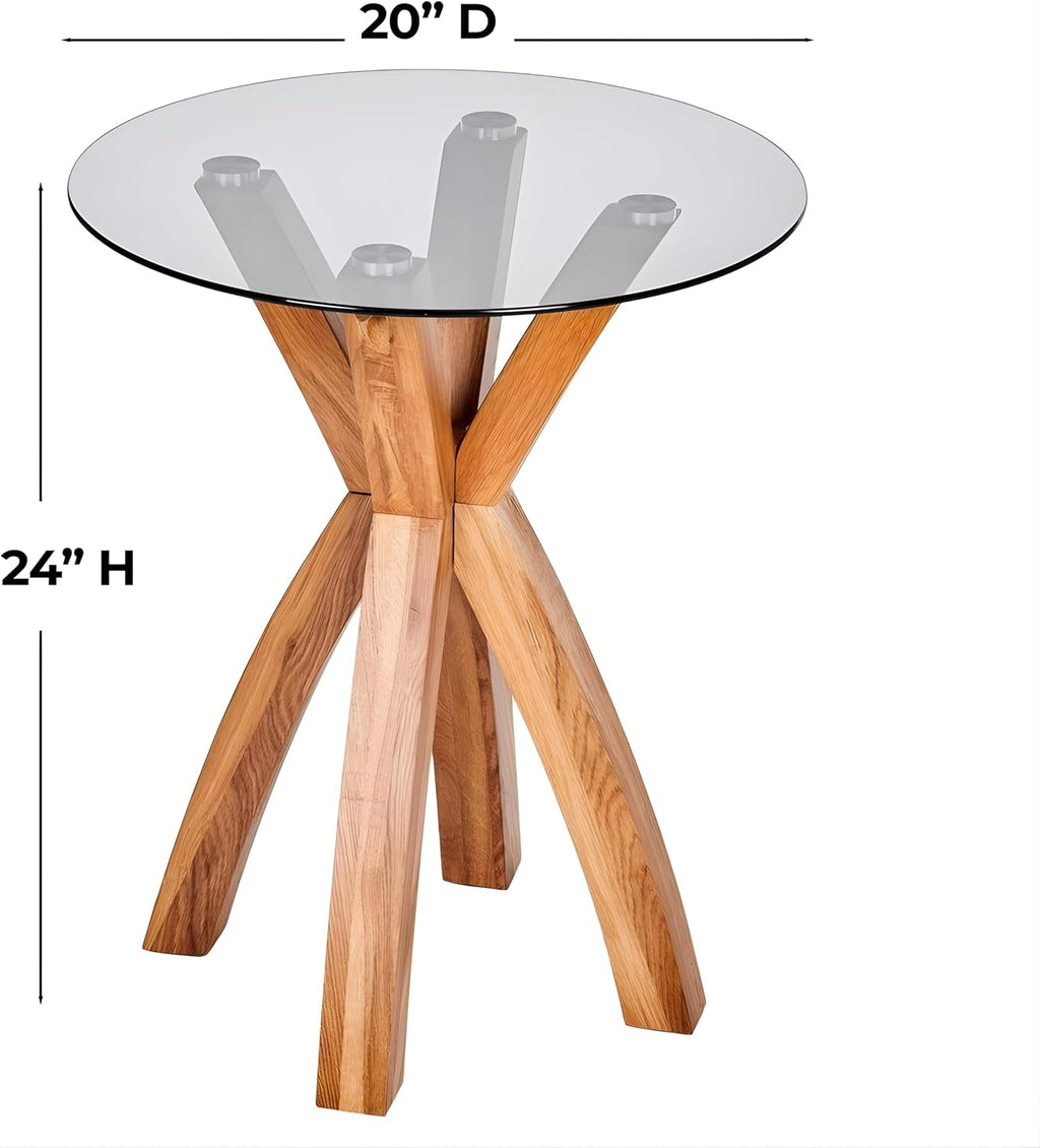 Round Glass End Table, Small Sofa Side Table for Living Room, Bedroom. Stylish Wood Legs with 20” Tempered Glass Top. Nature Oak