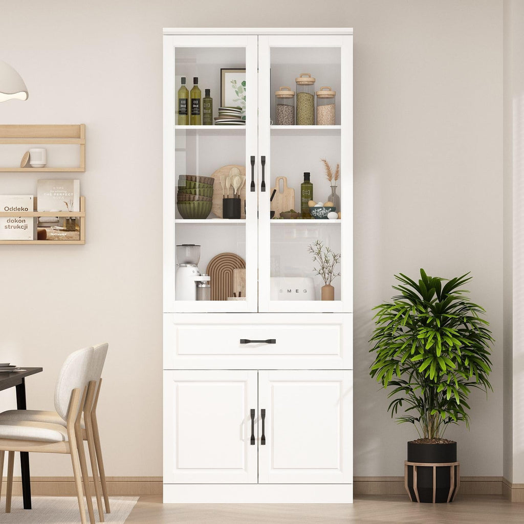MOUMON Pantry Cabinet Kitchen Storage Cabinet with Glass Doors, Kitchen Pantry with Shelves & Drawer, for Living Room White (31.5”W x 15.7”D x 78.7”H), Small