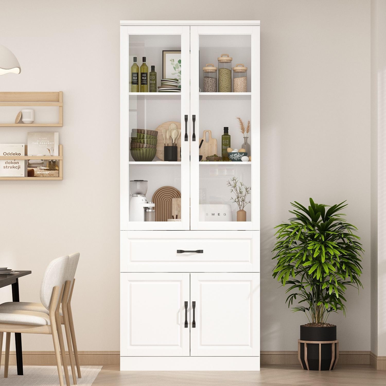 MOUMON Pantry Cabinet Kitchen Storage Cabinet with Glass Doors, Kitchen Pantry with Shelves & Drawer, for Living Room White (31.5”W x 15.7”D x 78.7”H), Small