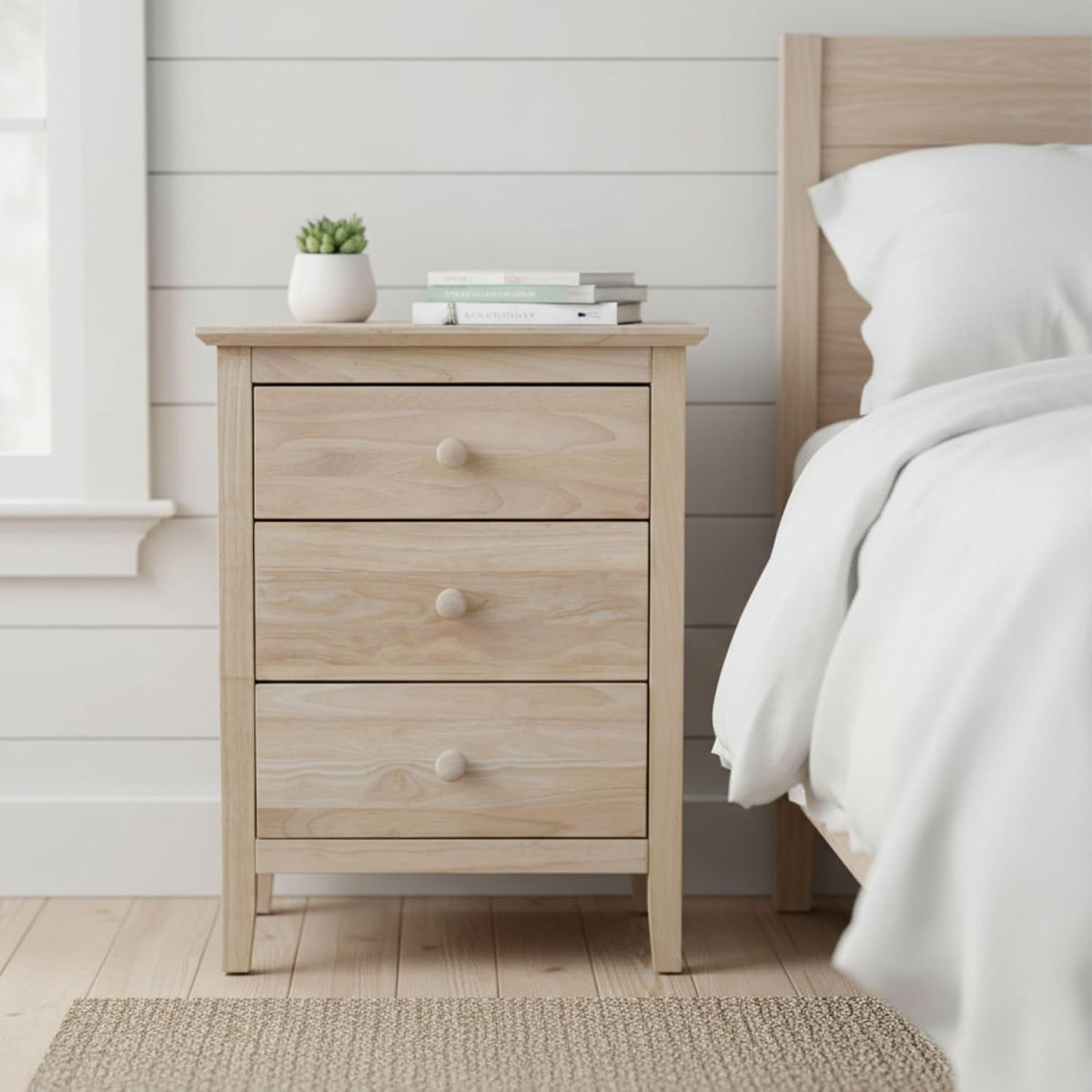25"H Solid Wood Bedroom Nightstand with 3 Drawers, Parawood Construction, Paint or Stain in Any Color, Durable and Eco-Friendly, Unfinished