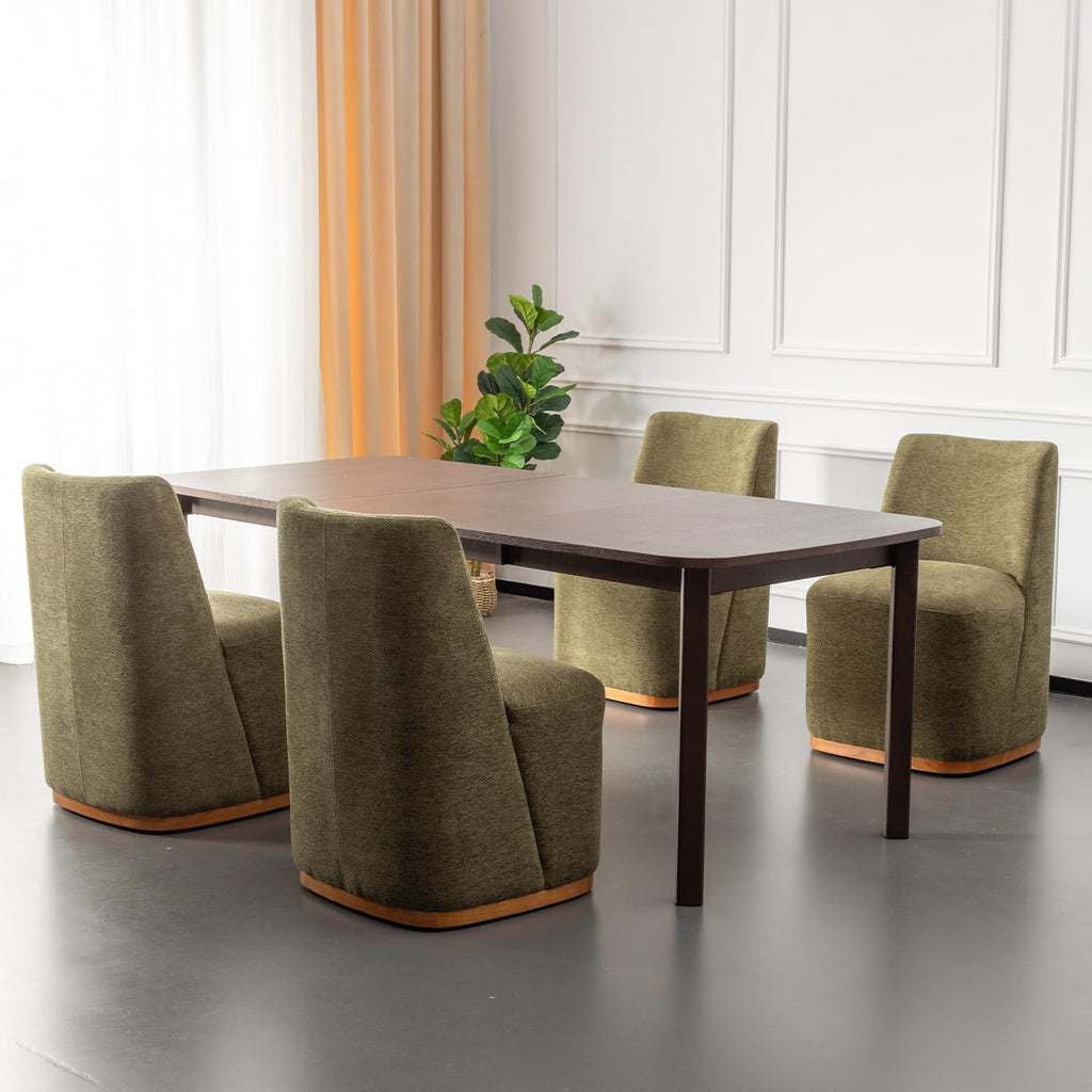 Chenille Rolling Dining Chairs with Casters Set of 2, Modern Upholstered Kitchen & Dining Room Comfortable Decorative Chairs, for Bedroom Reading Room Living Room, Green
