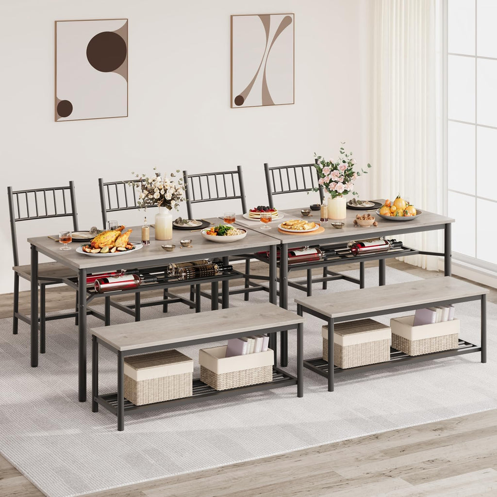 GarveeHome Dining Table Set for 4, Kitchen Table and Chairs for 4 with Wine Rack, Room Dining Table Set with Storage Benches, Rectangular Kitchen Table Set for Small Space, Apartment, Retro Gray