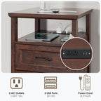 HOMMPA 18'' W Farmhouse Nightstand with Charging Station, Bedside Tables with Open Shelf, 2 Drawers End Table Dresser Side Table, Wood Night Stand for Bedroom, Cherry